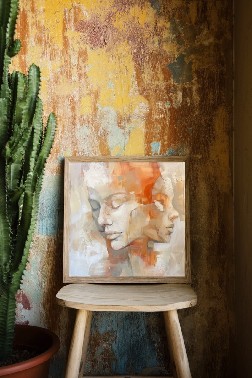 Malerei Poster Gesichter Überlagerung orange grau minimal