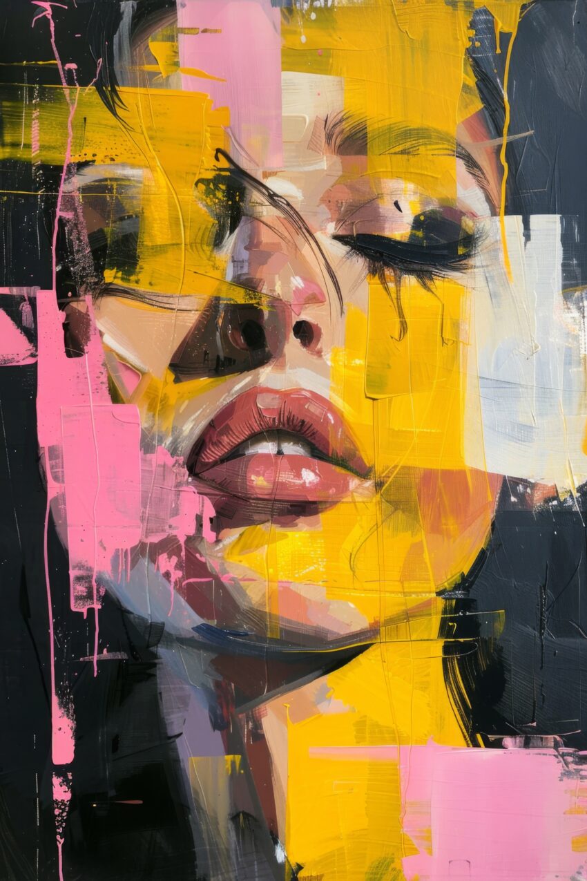 Malerei Poster Frau Gesicht gelb rosa kontrastreich