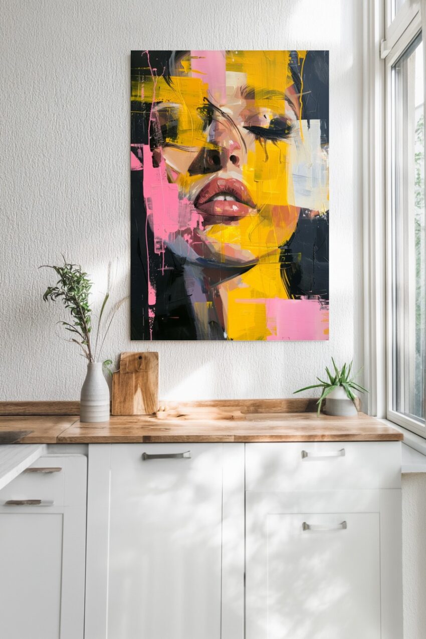 Malerei Poster Frau Gesicht gelb rosa kontrastreich