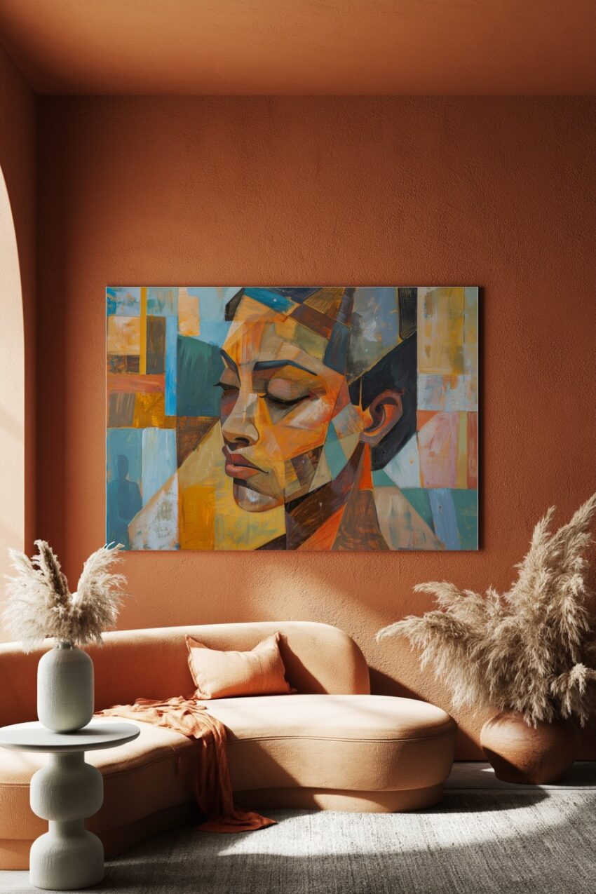 Abstrakt Poster Frau orange blau geometrisch