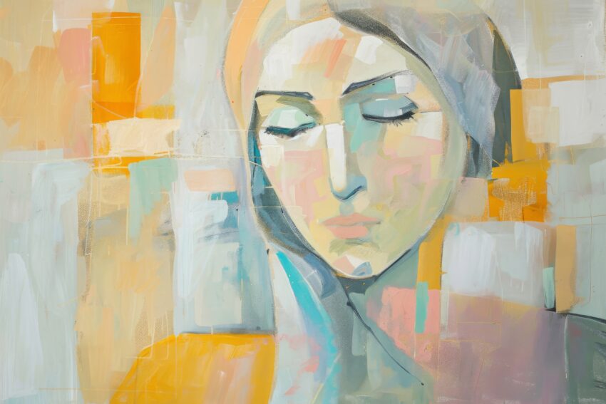 Malerei Poster Frau Gesicht Farbflächen Orange Blau