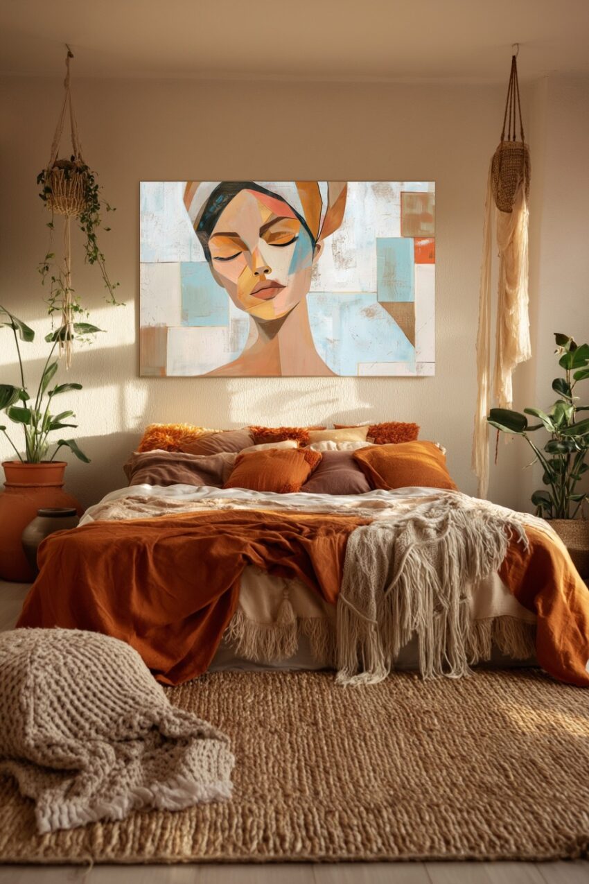 Illustration Poster Frau abstrakt Porträt ocker blau