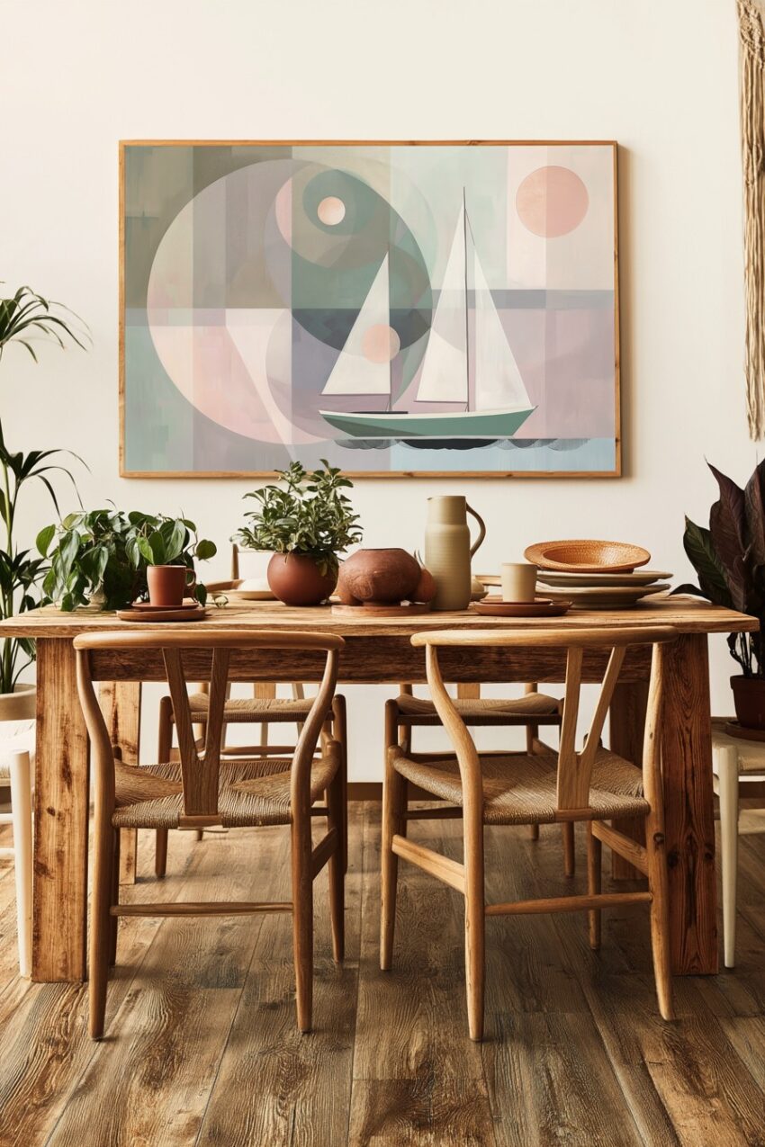 Digitale Kunst Poster Segelboot Yin Yang pastellfarben minimalistisch