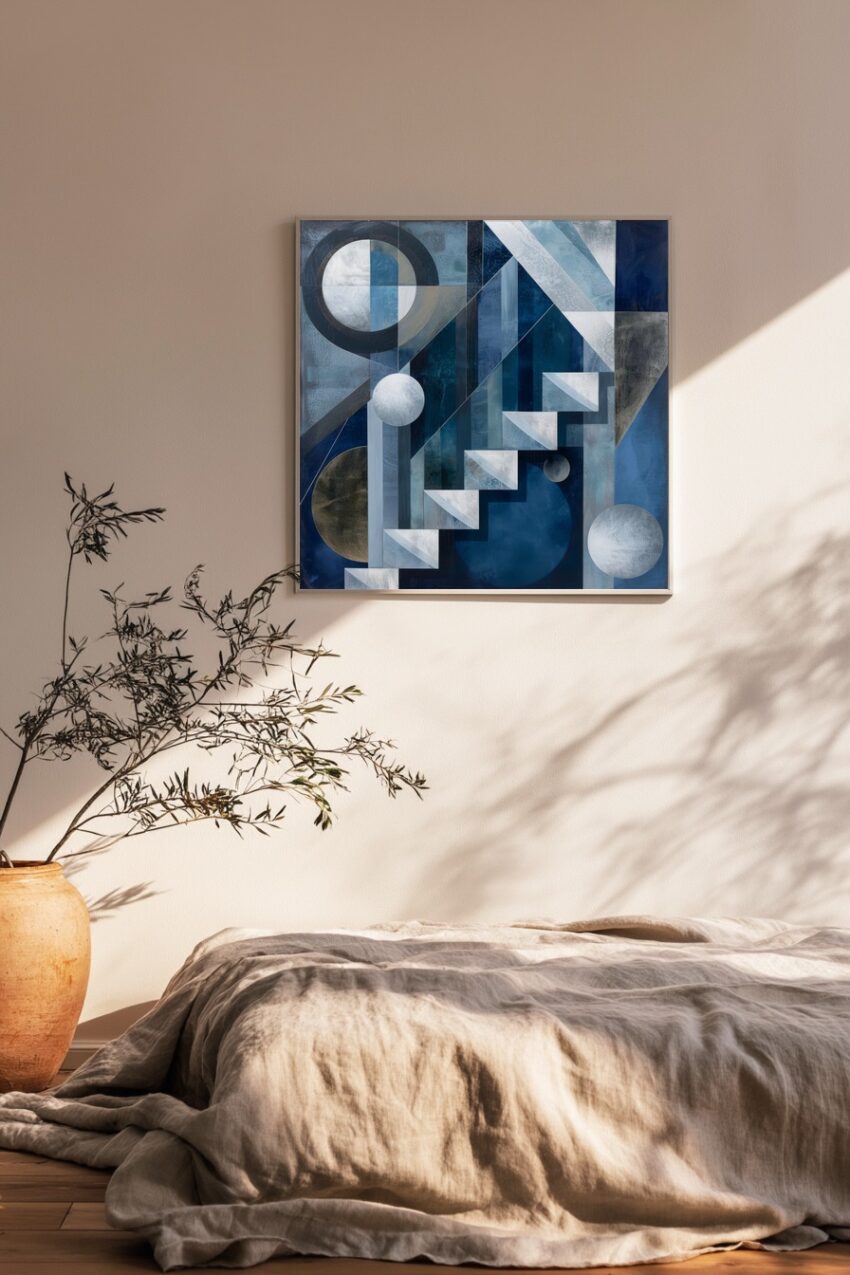 Abstrakt Poster geometrische Treppe blau weiß