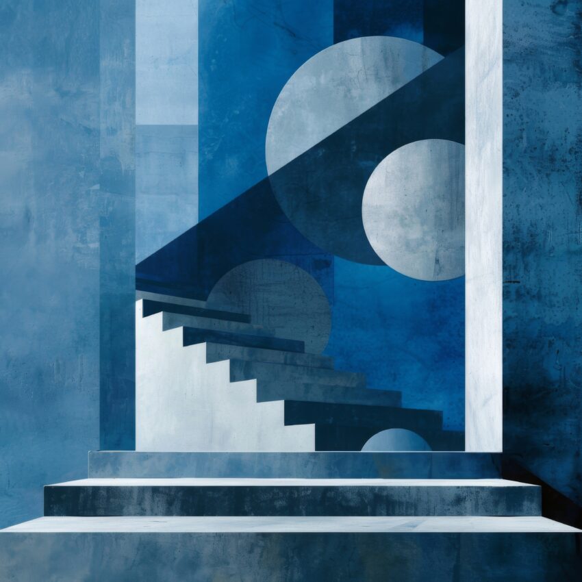 Digitale Kunst Poster Treppe minimalistisch blau weiß
