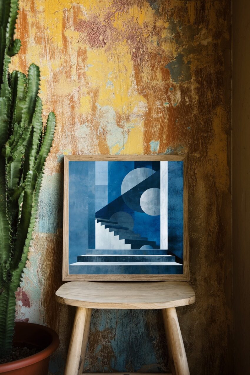 Digitale Kunst Poster Treppe minimalistisch blau weiß