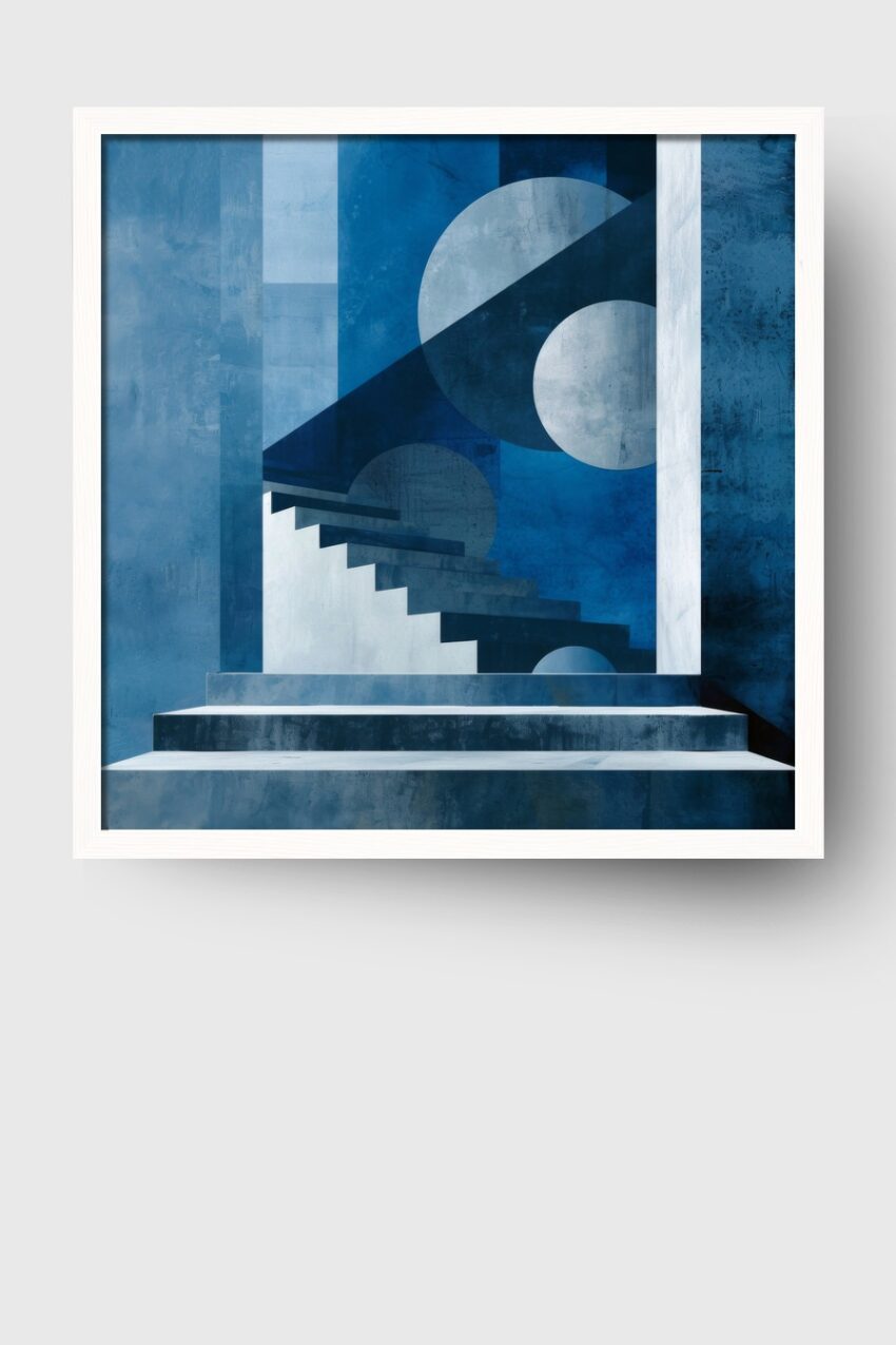 Digitale Kunst Poster Treppe minimalistisch blau weiß