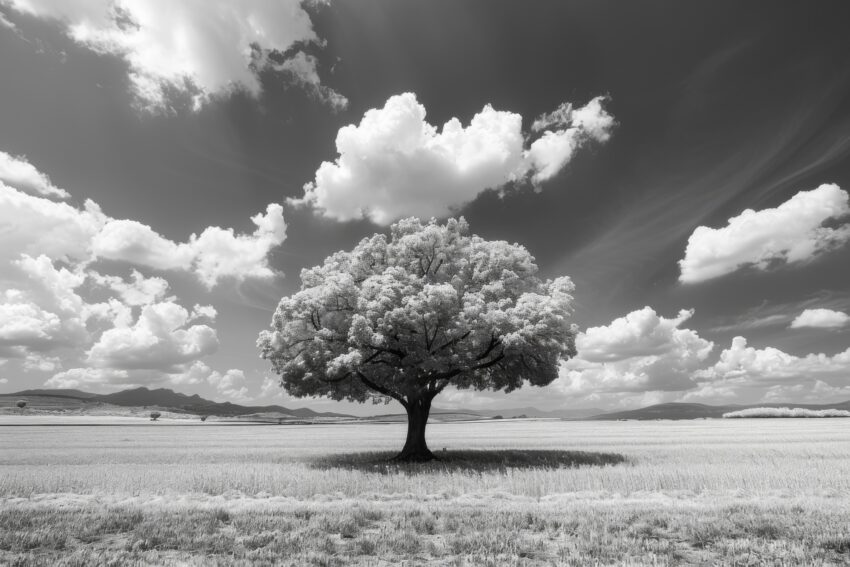 Fotografie Poster Baum einsam Feld schwarz-weiß