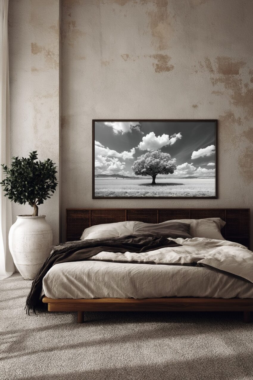 Fotografie Poster Baum einsam Feld schwarz-weiß