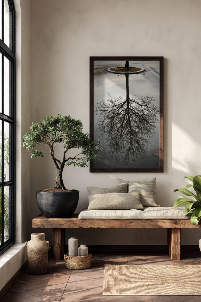 Fotografie Poster Baum Spiegelung klar schwarz-weiß