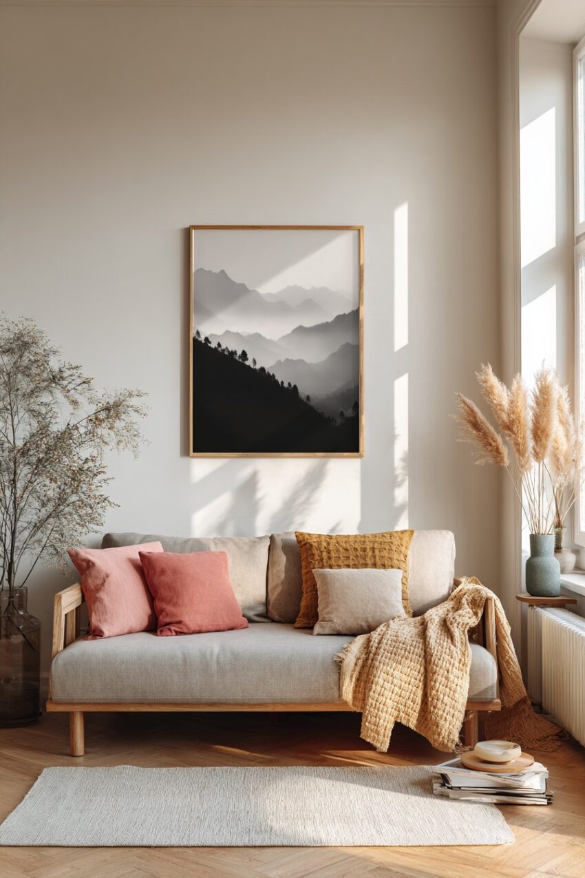 Fotografie Poster Berge Nebel schwarz-weiß kontrastreich