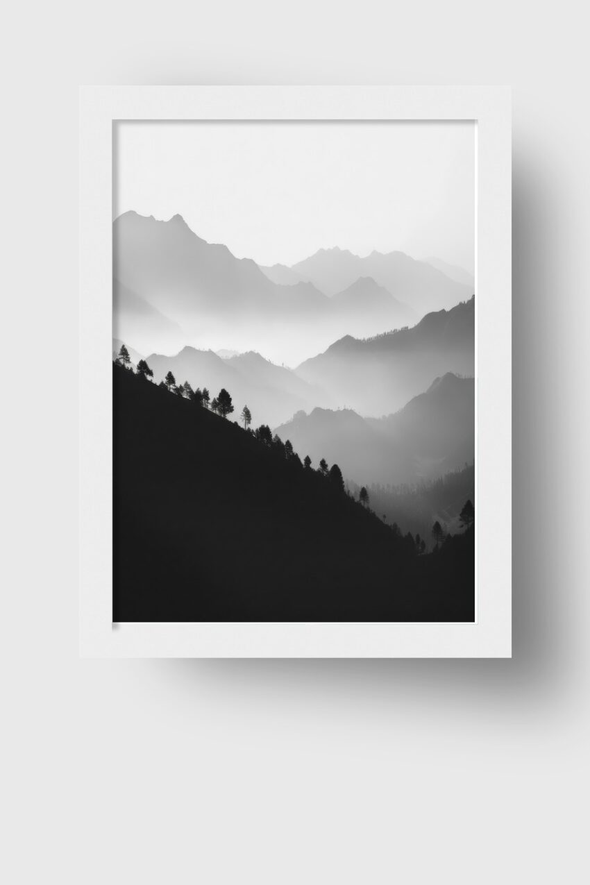 Fotografie Poster Berge Nebel schwarz-weiß kontrastreich