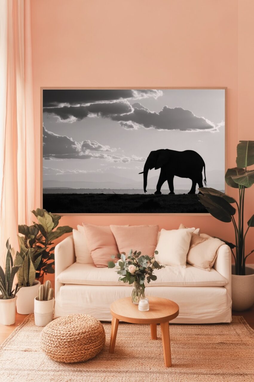 Fotografie Poster Elefant Silhouette schwarz-weiß