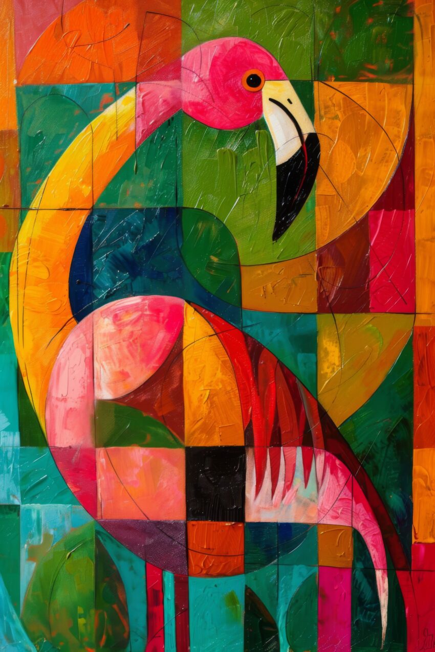Kubistisch Poster Flamingo bunt farbig geometrisch