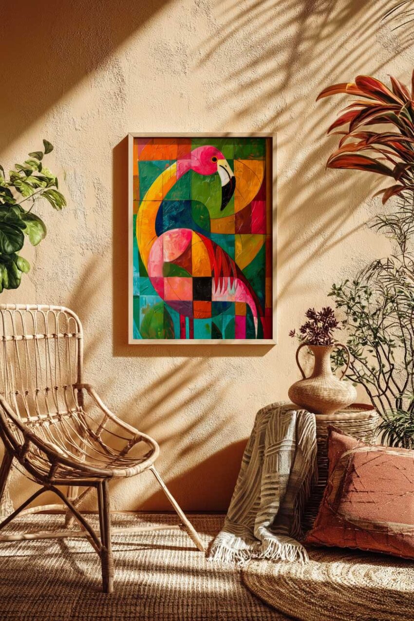 Kubistisch Poster Flamingo bunt farbig geometrisch