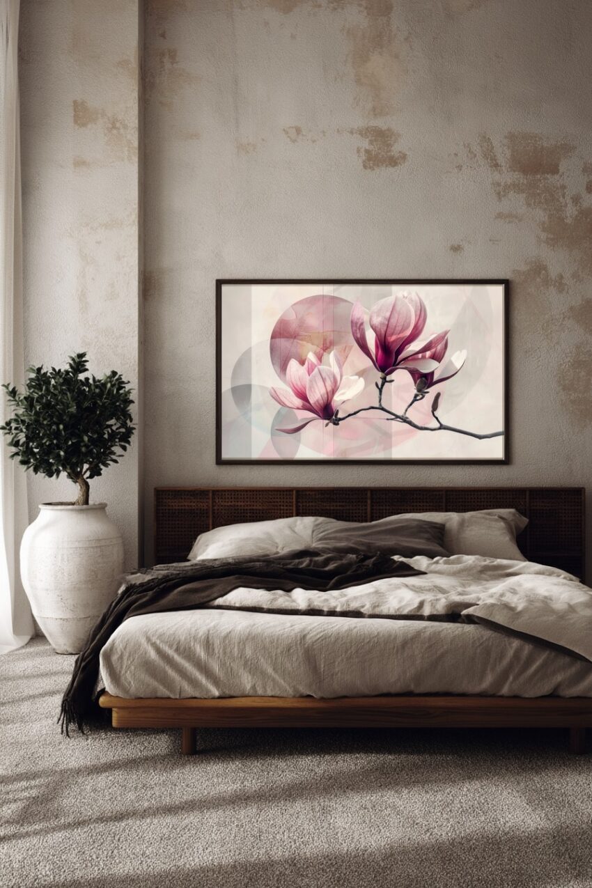 Illustration Poster Magnolie Zweig rosa filigran