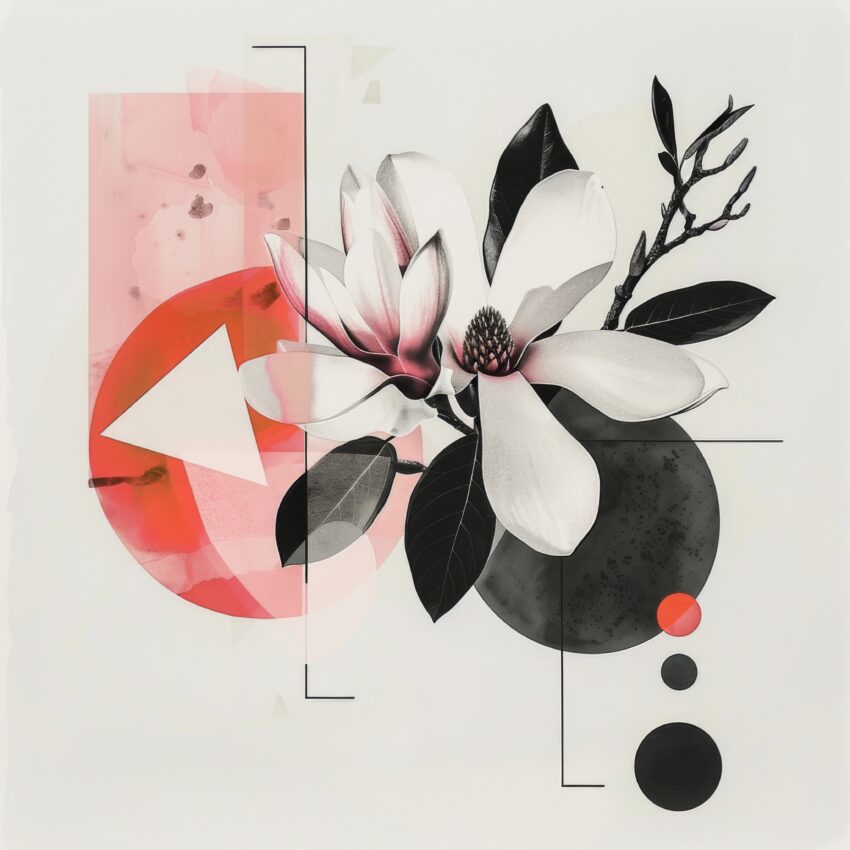 Grafikdesign Poster Magnolie Zweig schwarz-weiß rosa geometrisch