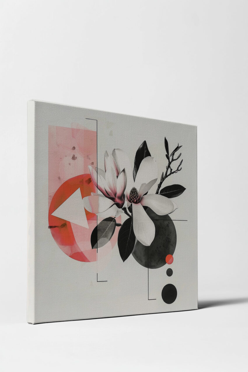 Grafikdesign Poster Magnolie Zweig schwarz-weiß rosa geometrisch