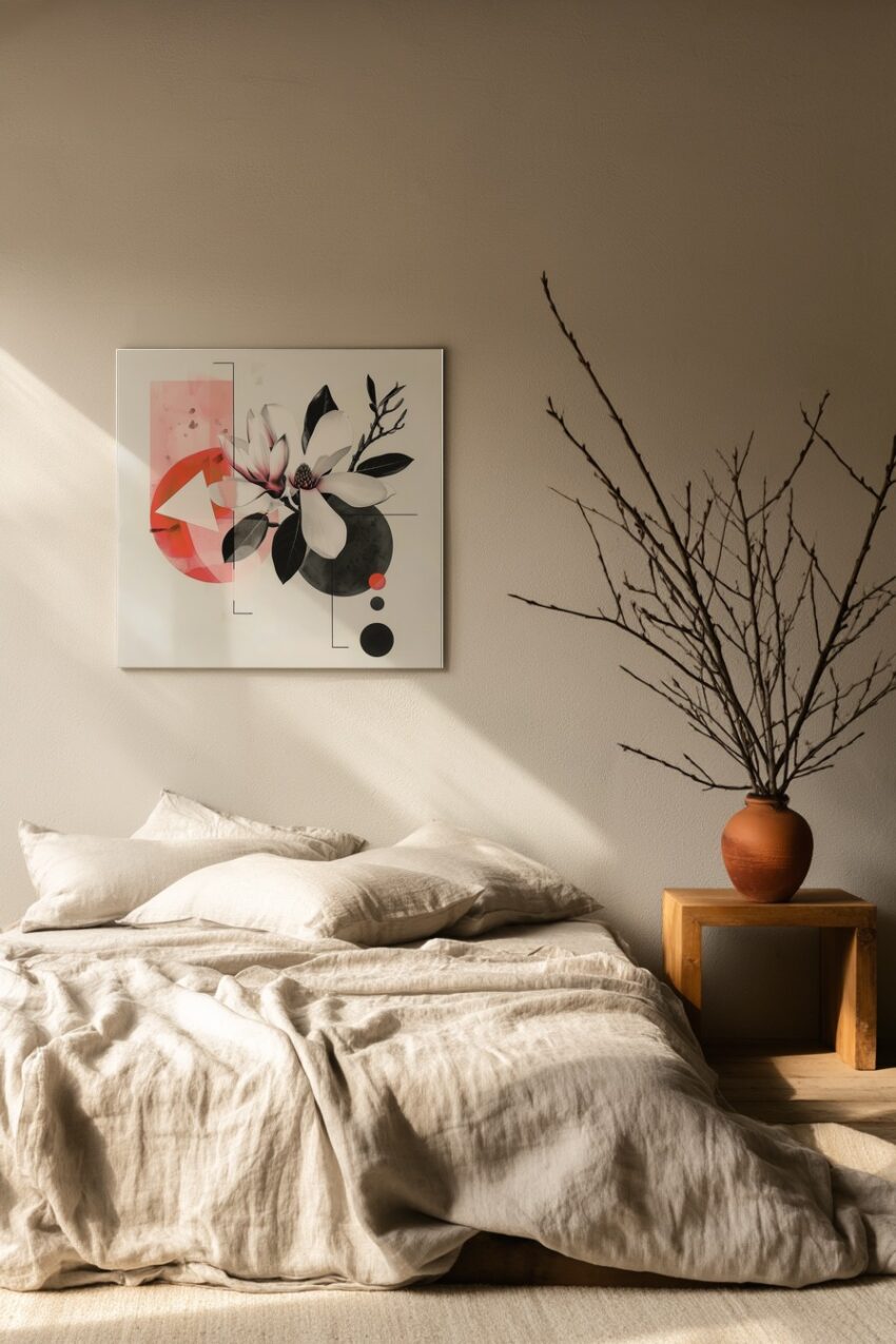 Grafikdesign Poster Magnolie Zweig schwarz-weiß rosa geometrisch