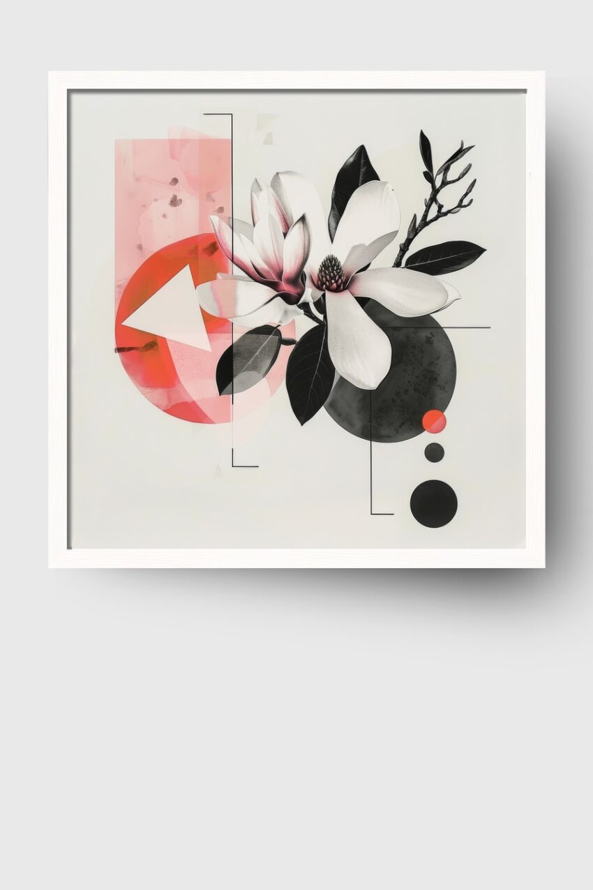 Grafikdesign Poster Magnolie Zweig schwarz-weiß rosa geometrisch