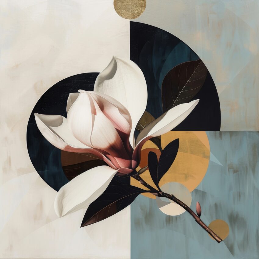 Grafik Poster Magnolie Blumenzweig harmonisch weiß