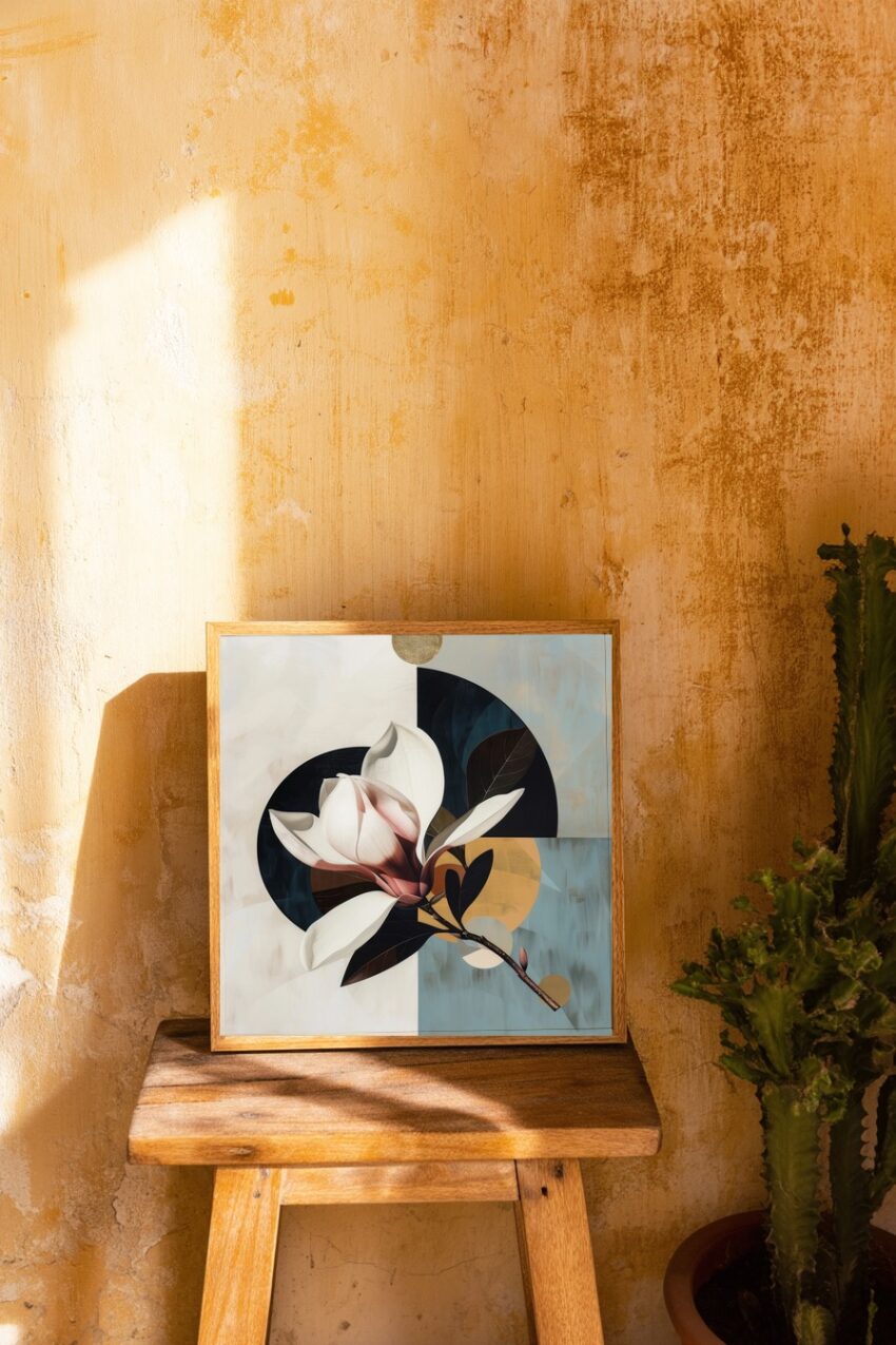Grafik Poster Magnolie Blumenzweig harmonisch weiß