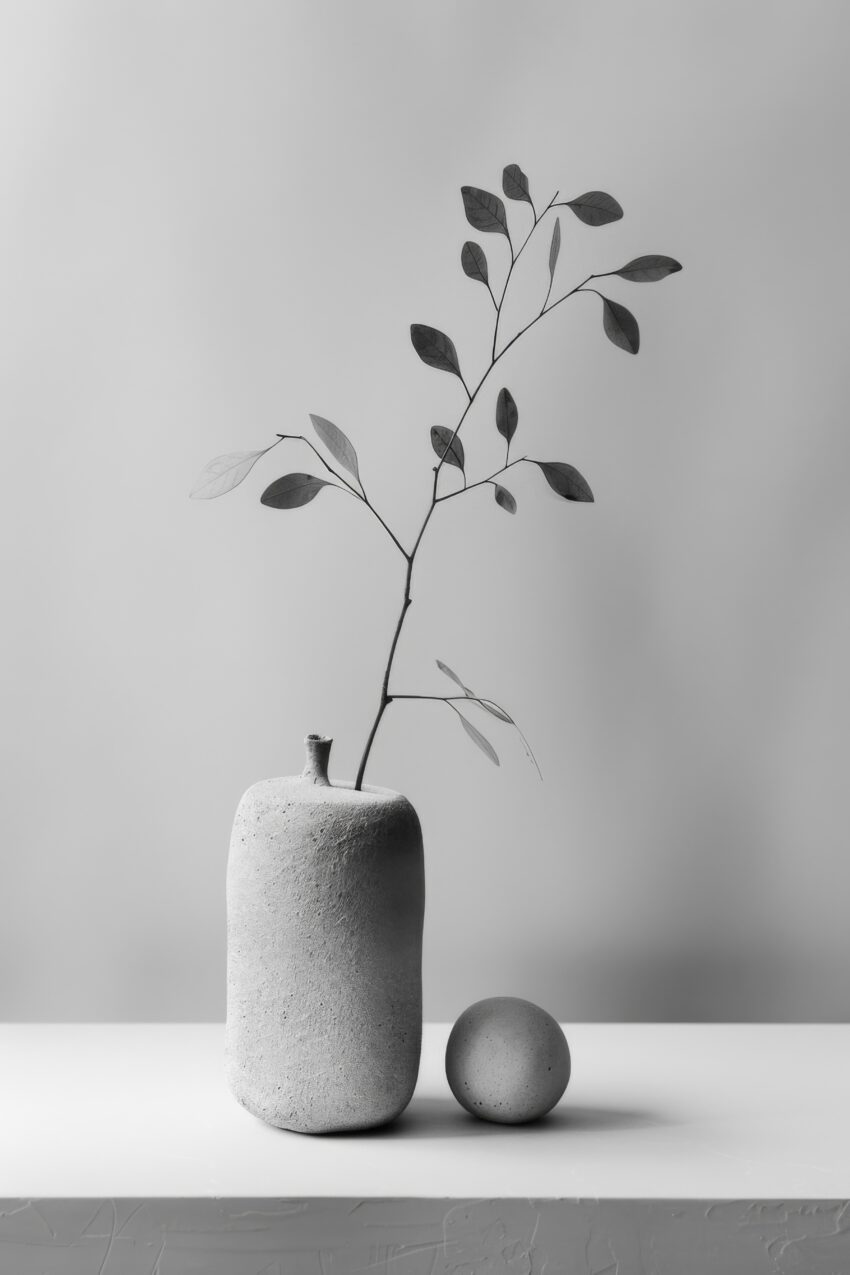 Fotografie Poster Vase Zweig schwarz-weiß minimalistisch