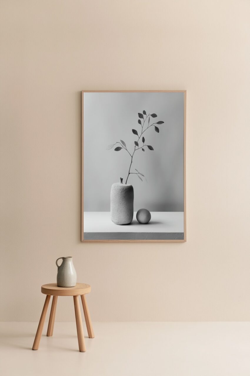 Fotografie Poster Vase Zweig schwarz-weiß minimalistisch