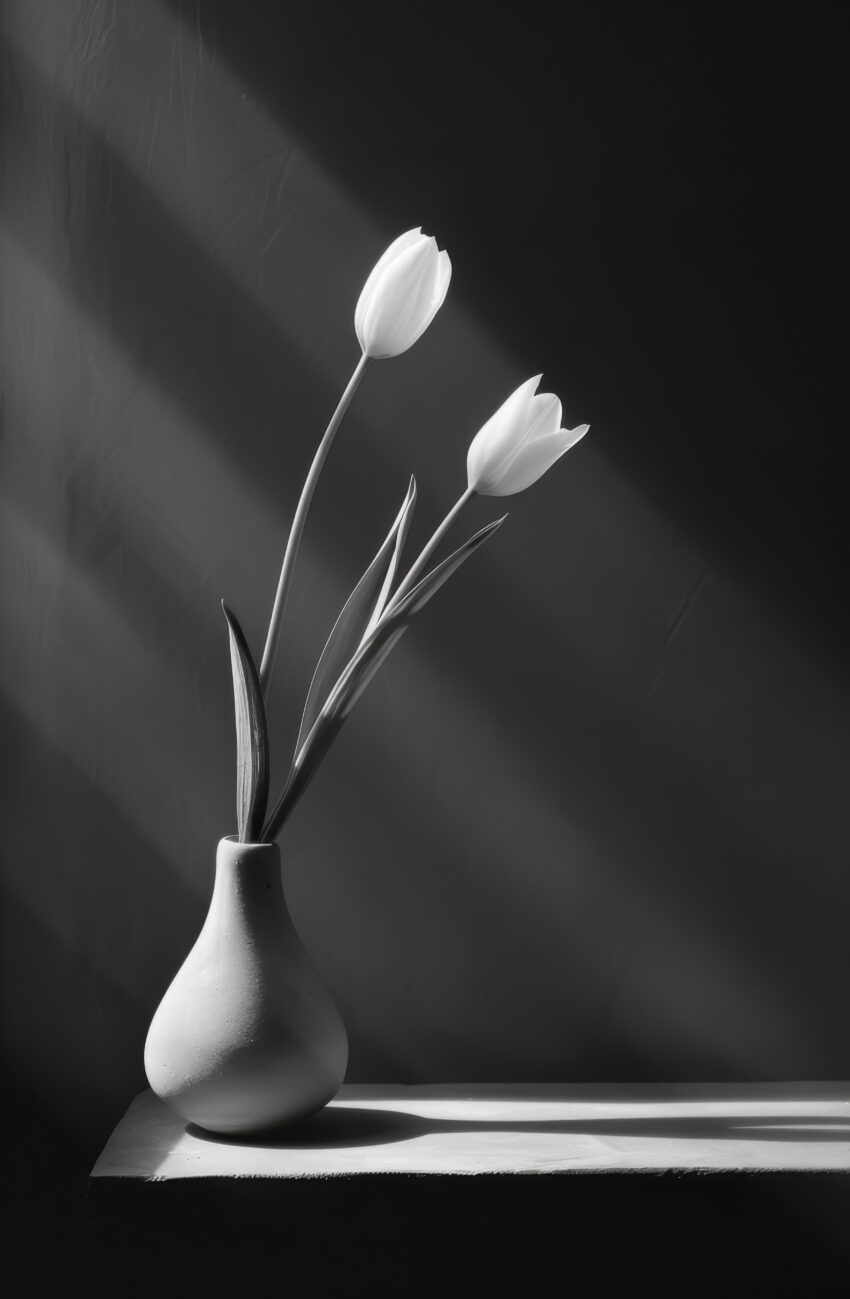 Fotografie Poster Tulpen Vase schwarz-weiß minimalistisch