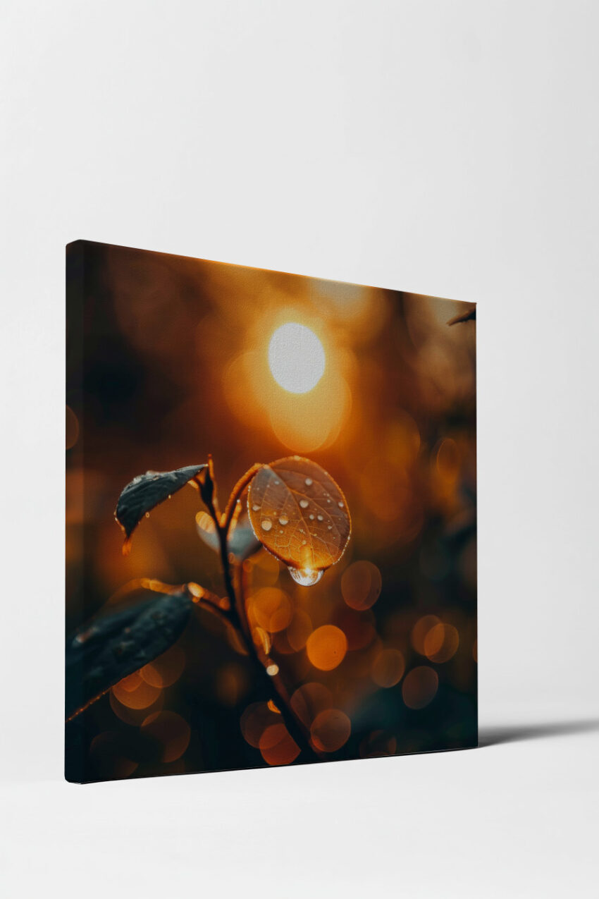 Fotografie Poster Blatt Tau Wassertropfen golden