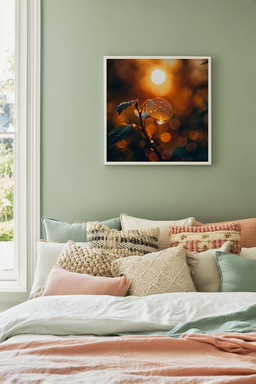 Fotografie Poster Blatt Tau Wassertropfen golden