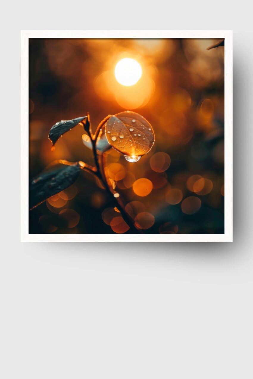 Fotografie Poster Blatt Tau Wassertropfen golden