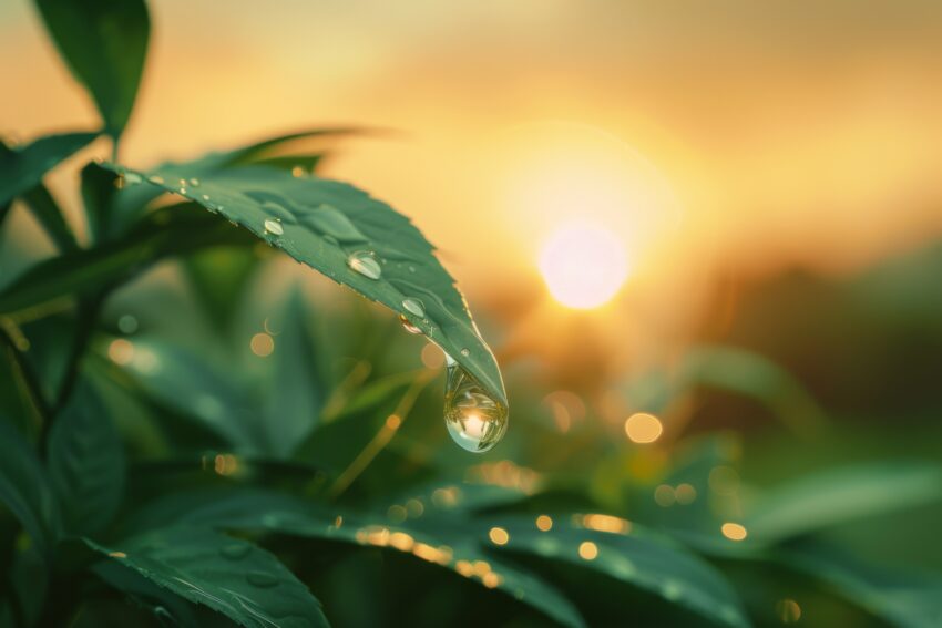 Fotografie Poster Tautropfen Blatt Morgentau grün