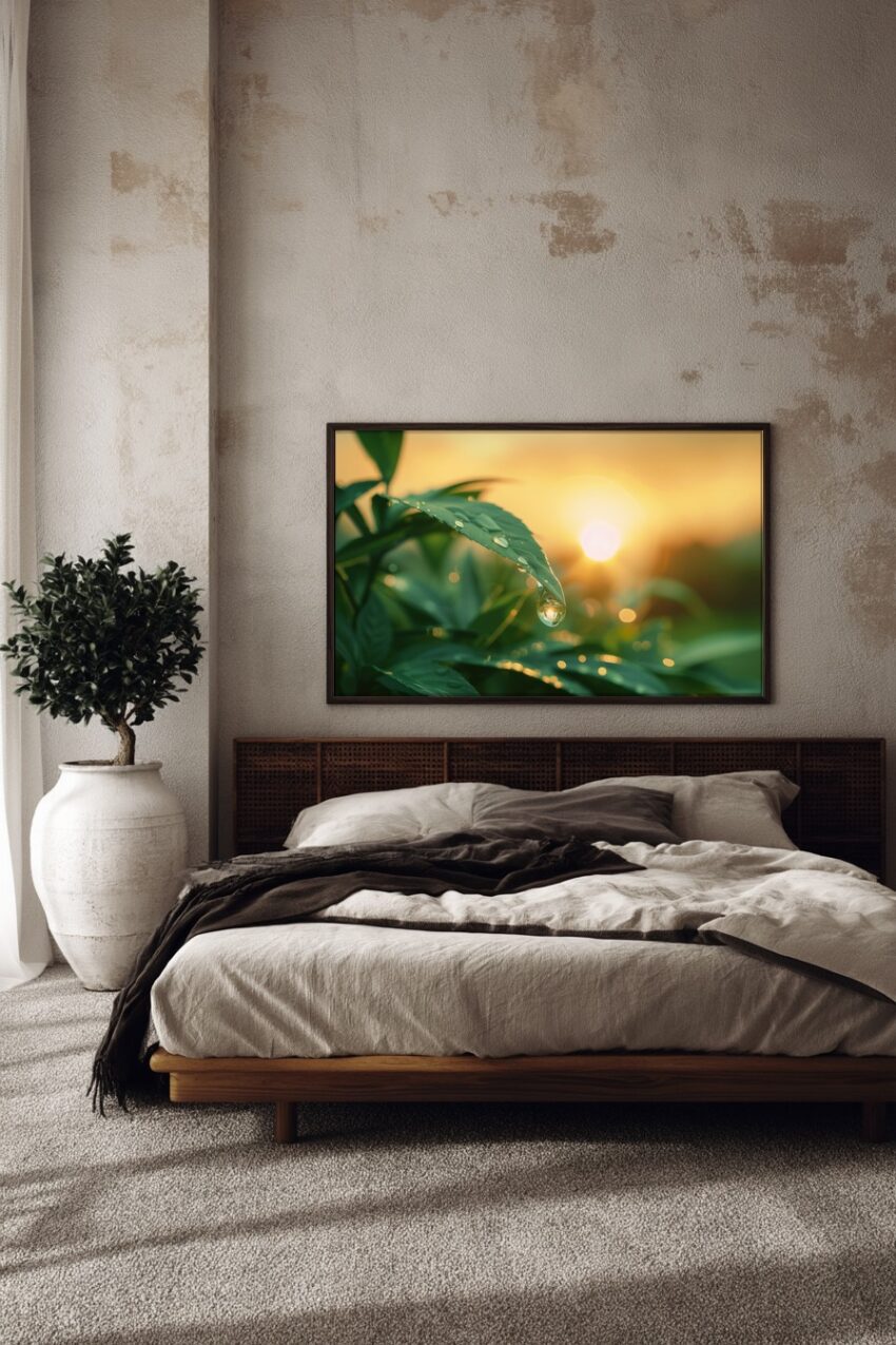 Fotografie Poster Tautropfen Blatt Morgentau grün