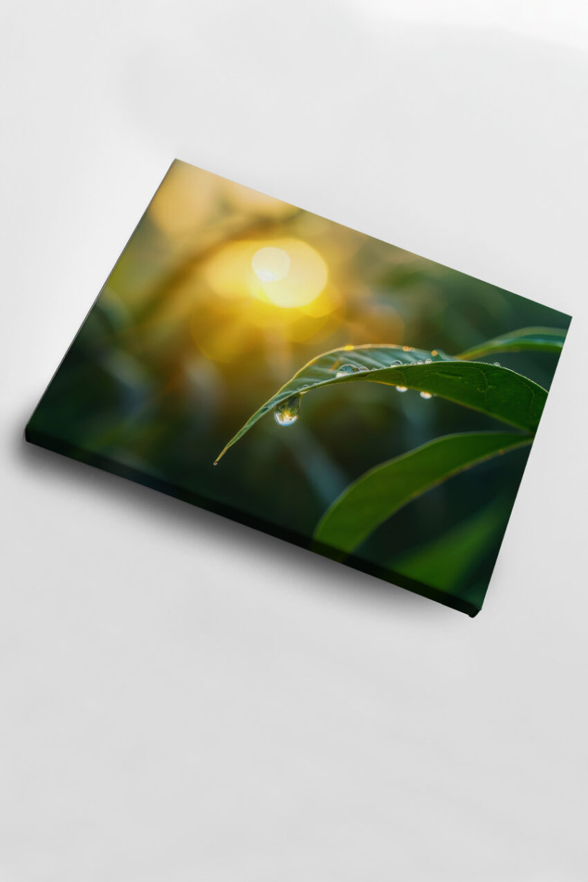 Fotografie Poster Tautropfen Blatt grün gelb