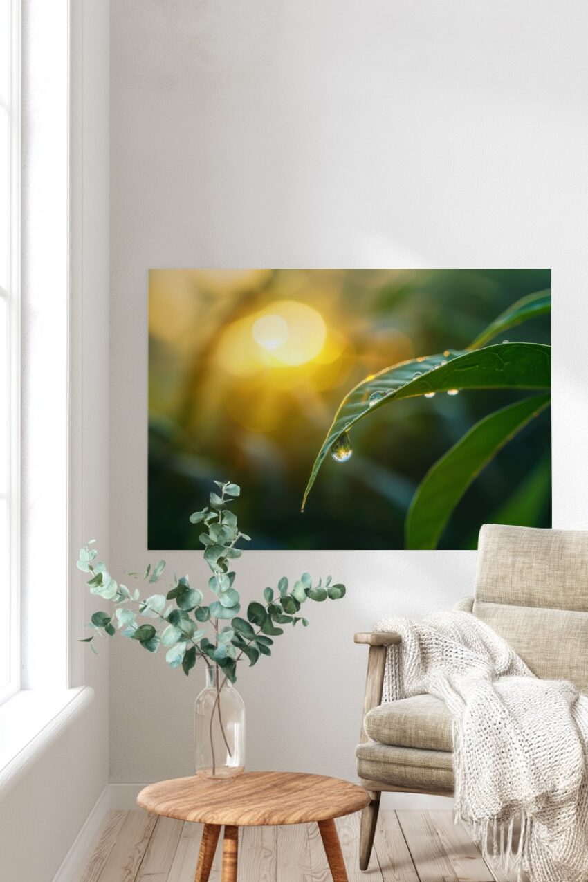 Fotografie Poster Tautropfen Blatt grün gelb