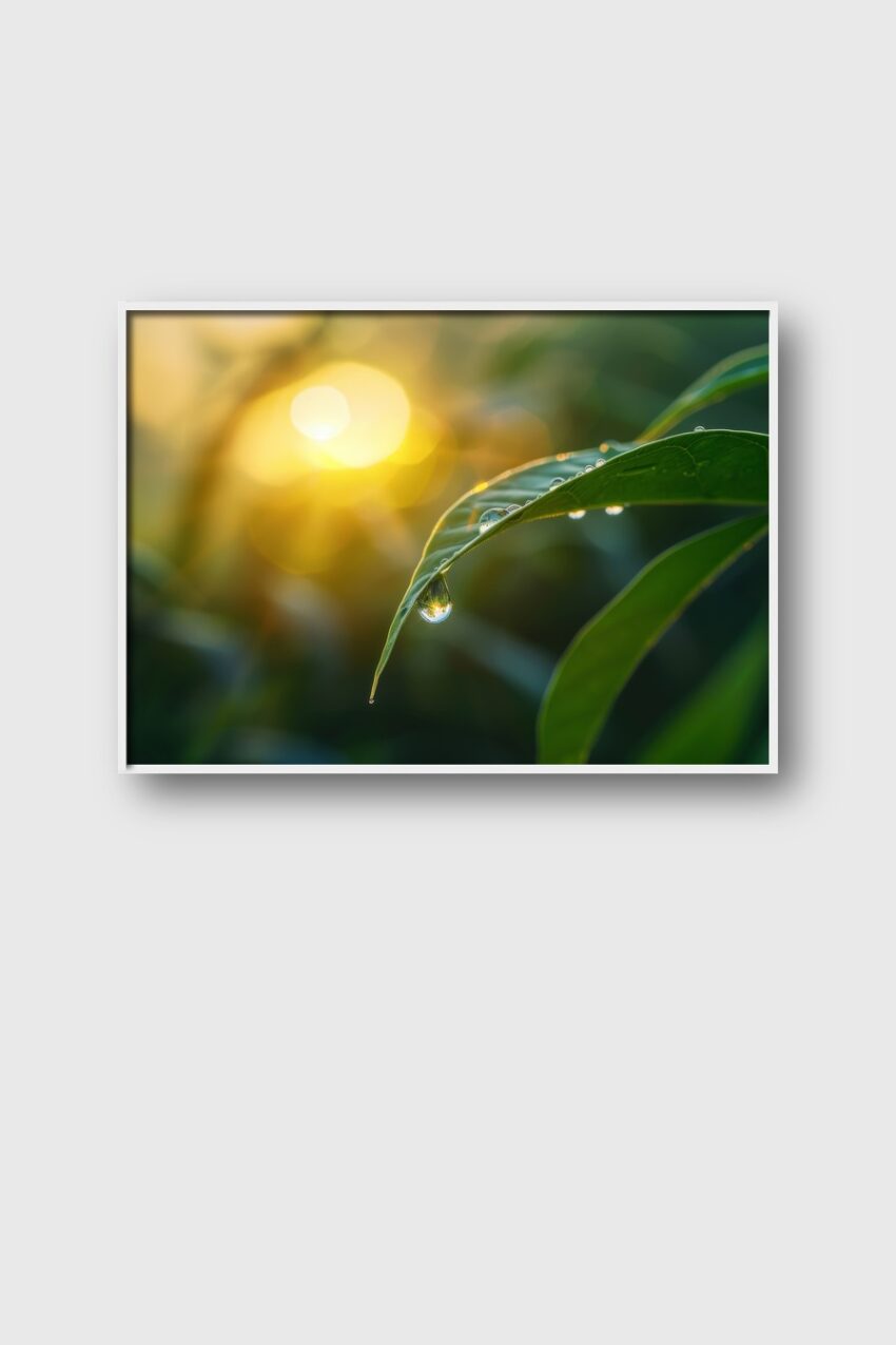 Fotografie Poster Tautropfen Blatt grün gelb