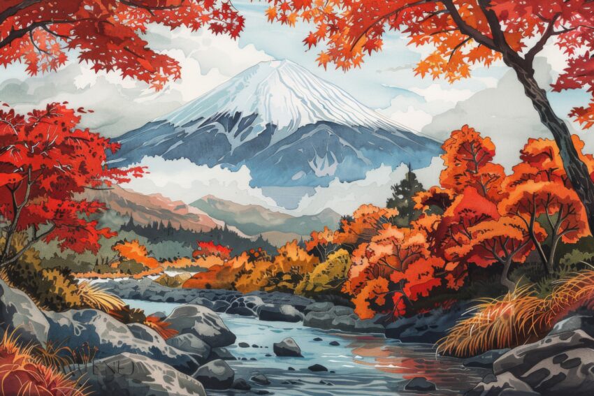 Illustration Poster Berg rote Bäume Fluss Herbst