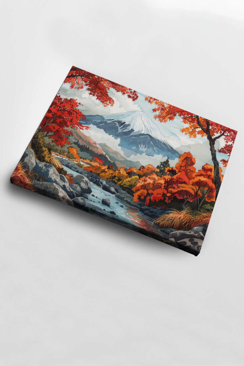 Illustration Poster Berg rote Bäume Fluss Herbst