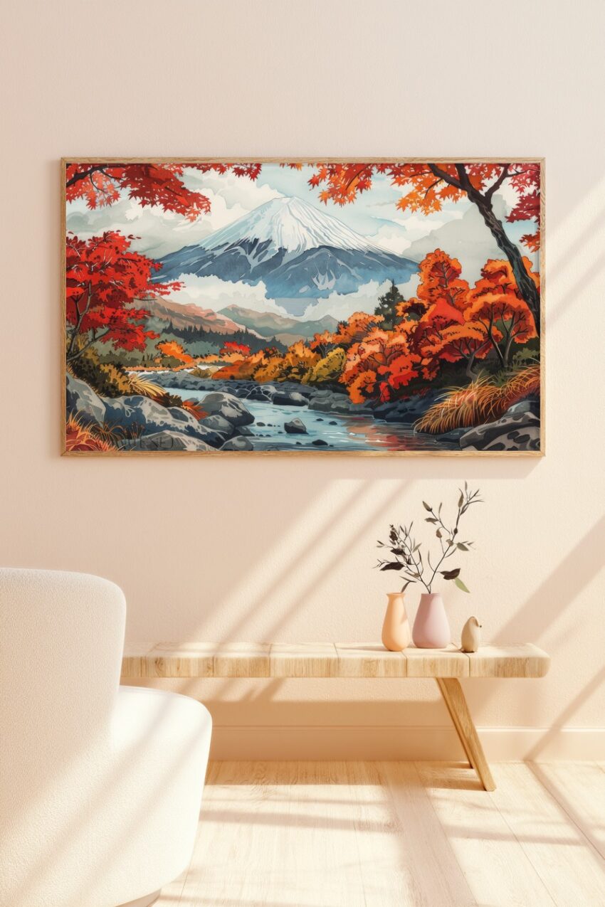 Illustration Poster Berg rote Bäume Fluss Herbst