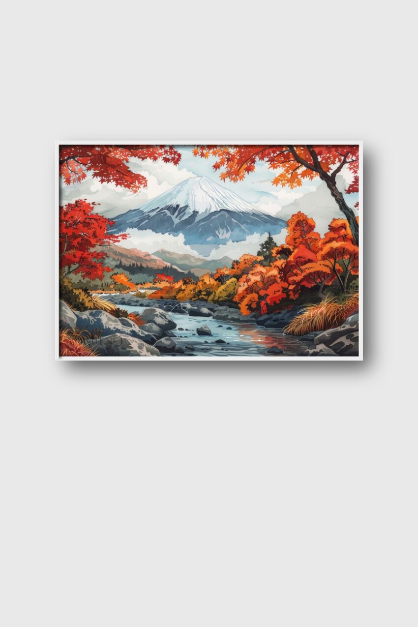 Illustration Poster Berg rote Bäume Fluss Herbst