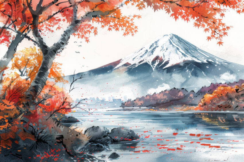 Aquarell Poster Bergsee Herbst bunt rot orange