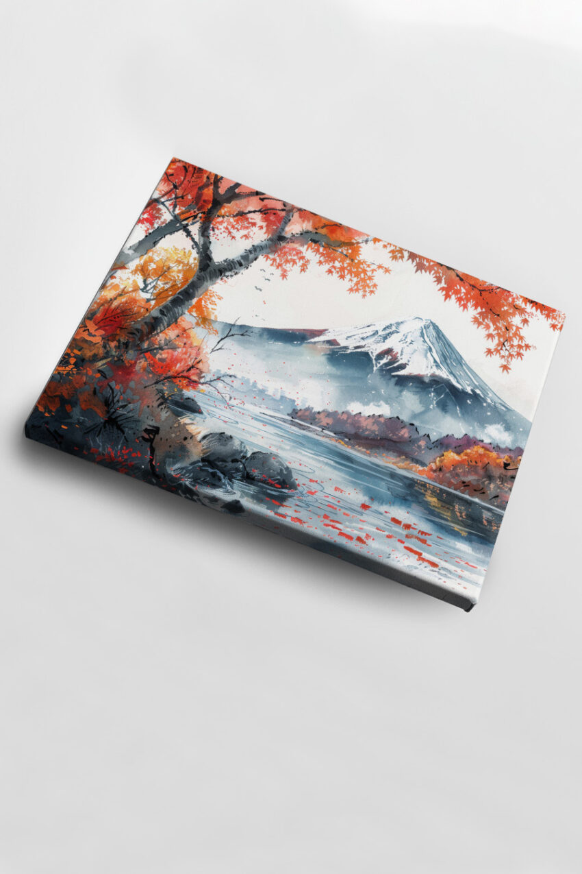 Aquarell Poster Bergsee Herbst bunt rot orange