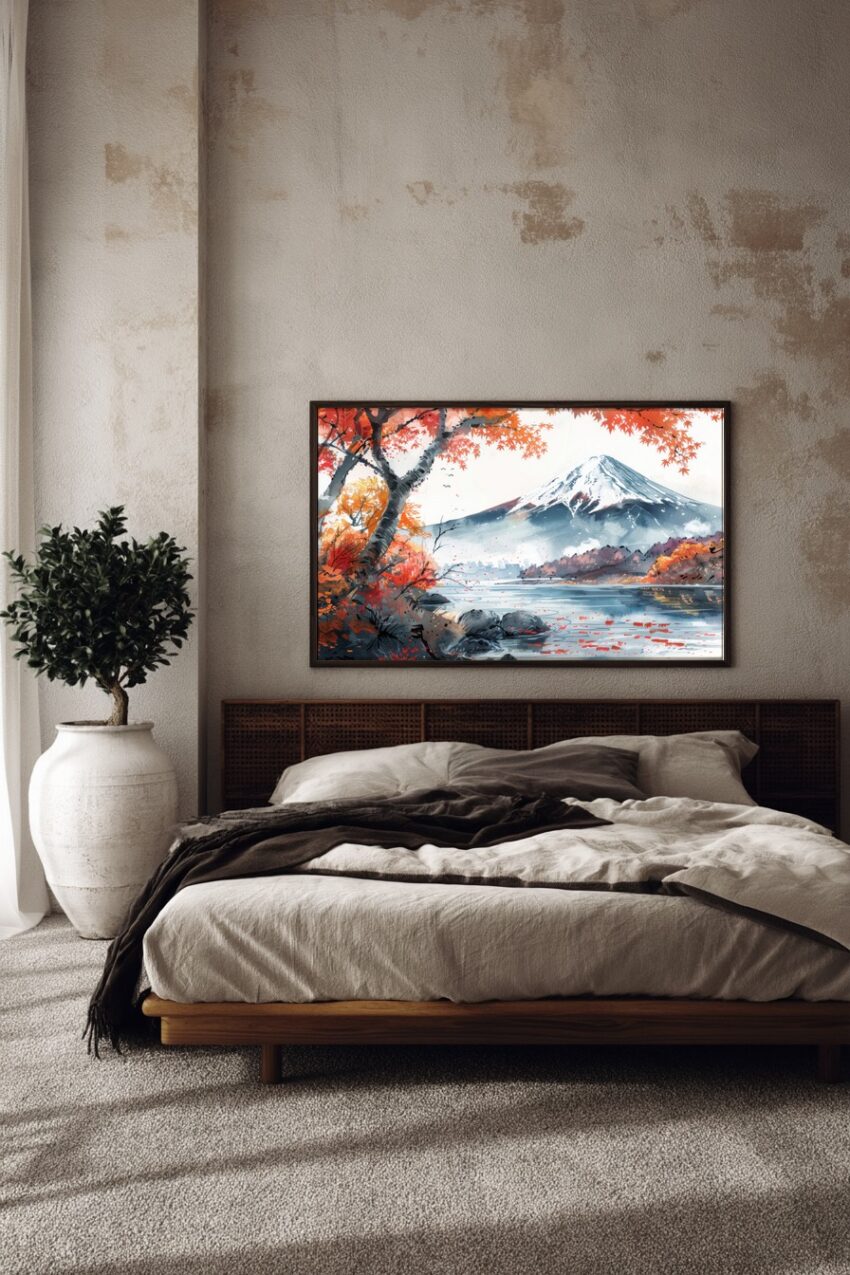 Aquarell Poster Bergsee Herbst bunt rot orange