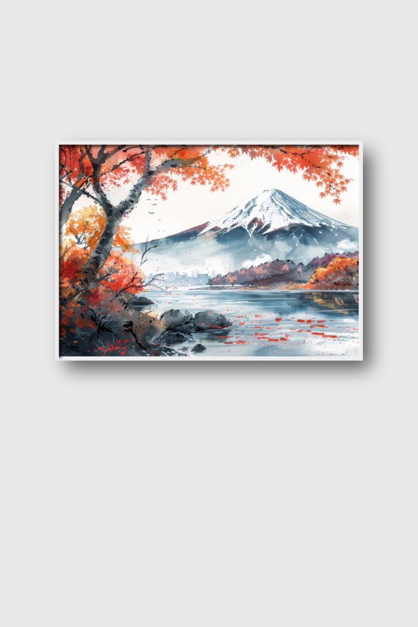 Aquarell Poster Bergsee Herbst bunt rot orange