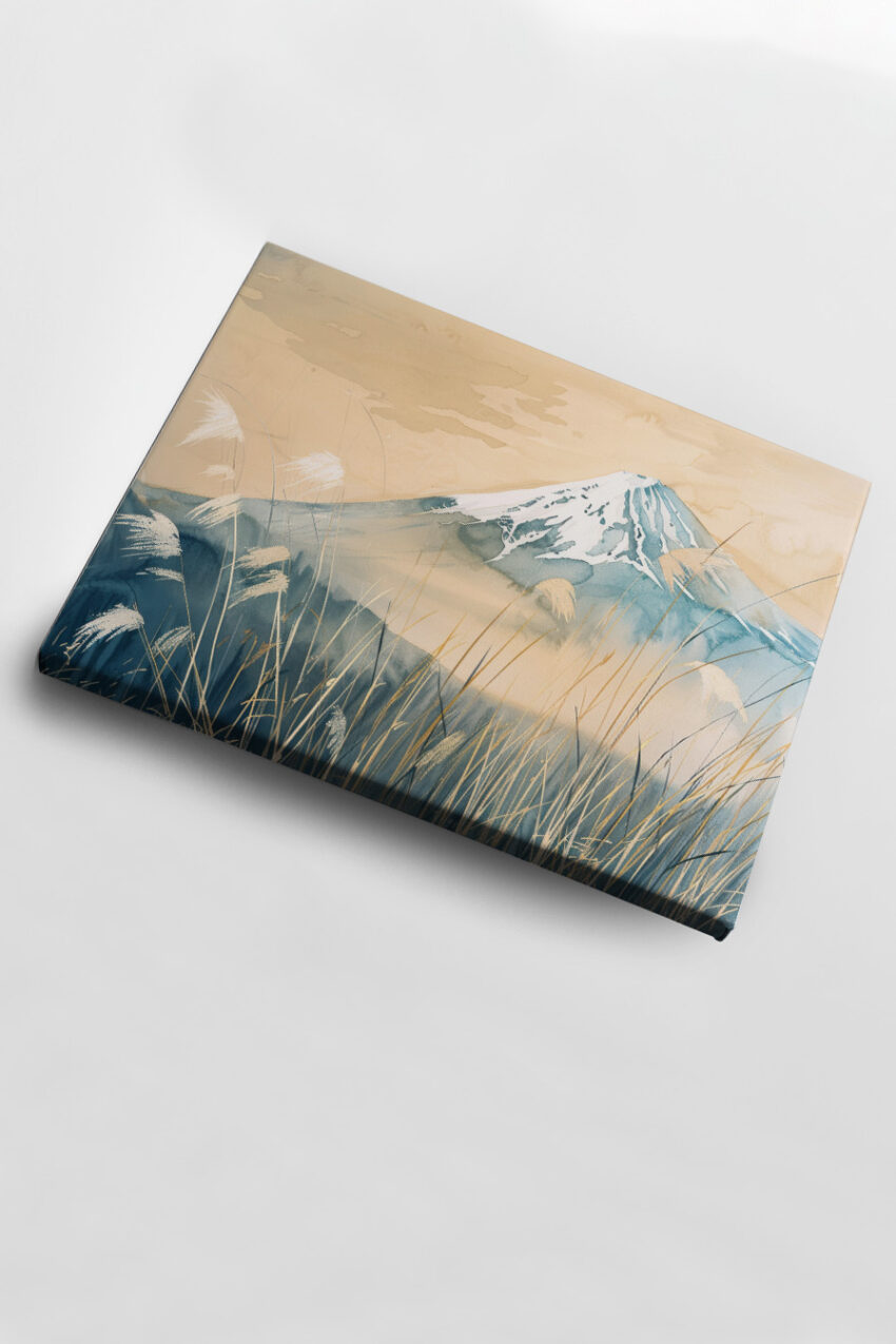 Aquarell Poster Berg mit Gras natur sanft blau beige