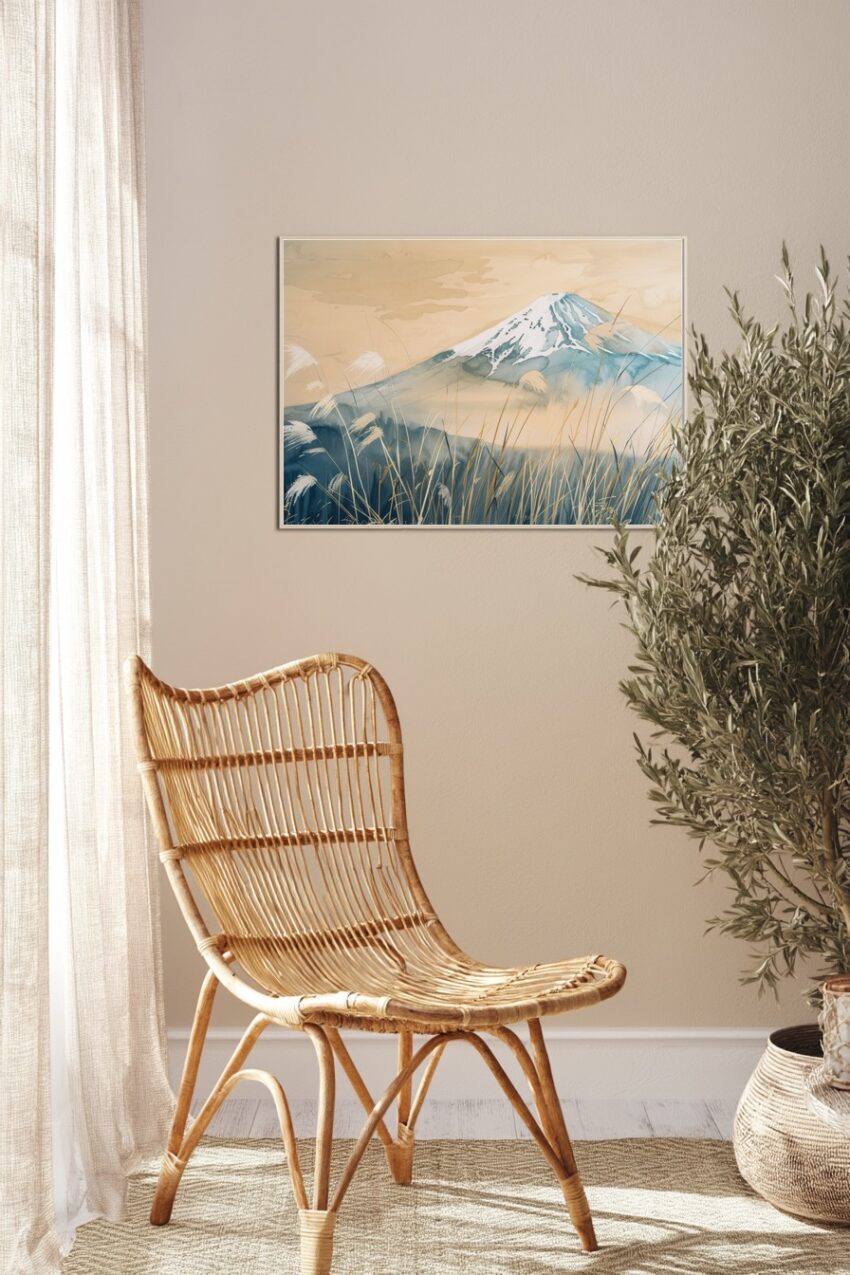 Aquarell Poster Berg mit Gras natur sanft blau beige