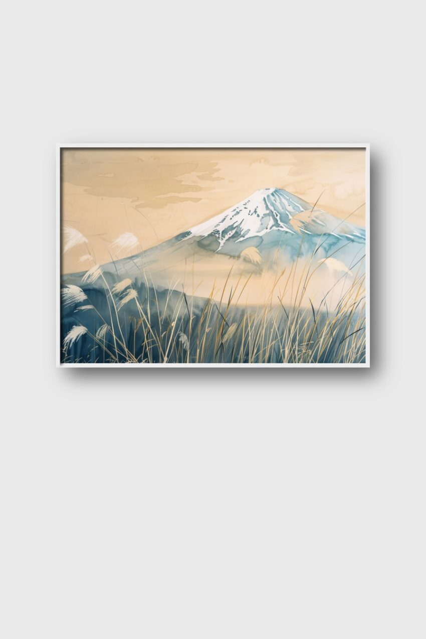 Aquarell Poster Berg mit Gras natur sanft blau beige