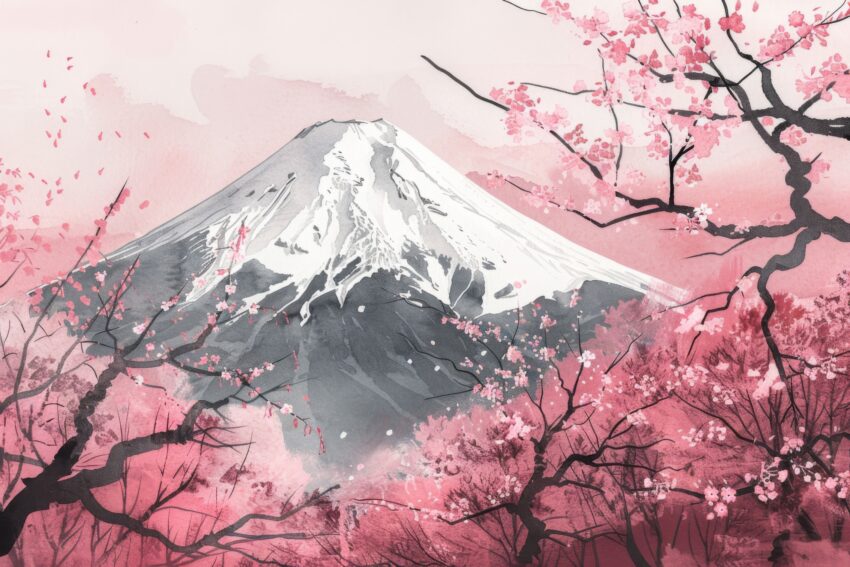 Aquarell Poster Berg rosa Kirschblüten Frühling