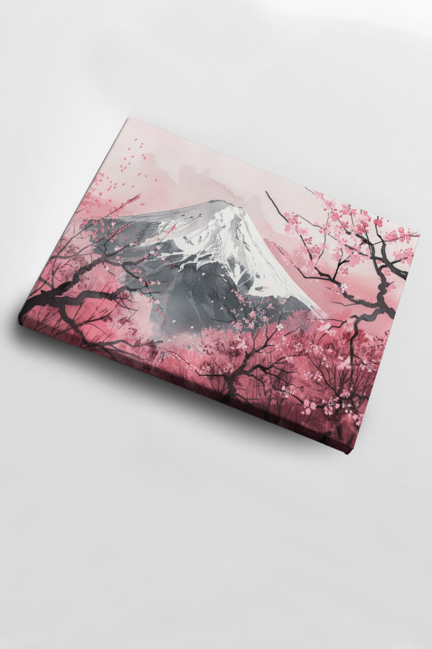 Aquarell Poster Berg rosa Kirschblüten Frühling